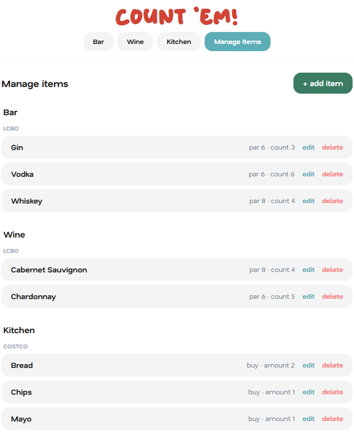 Manage items screen listing Bar, Wine, and Kitchen products grouped by distributor